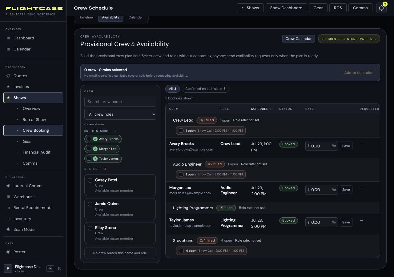 Flightcase crew booking view showing confirmed crew, roles and open staffing needs for a show.