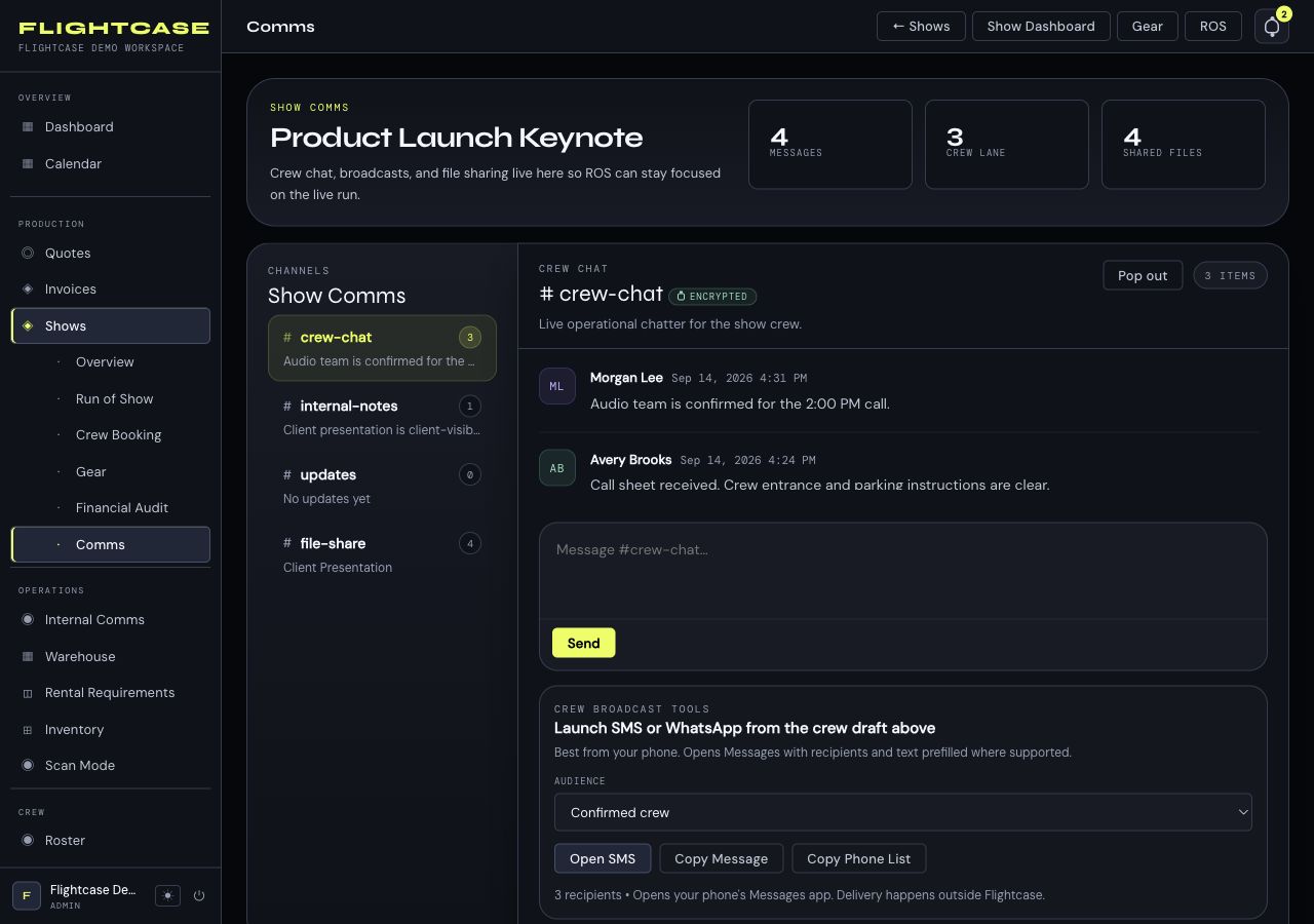 Flightcase show communications workspace with crew messages, internal notes, shared files, and broadcast recipients.