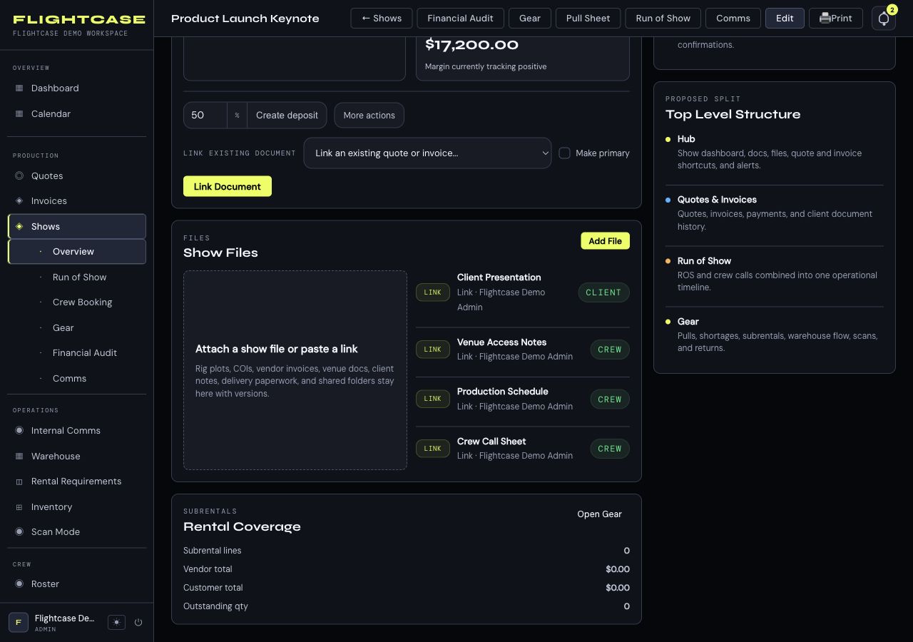 Flightcase show files with audience controls marking items visible to crew, to clients, or internal only.
