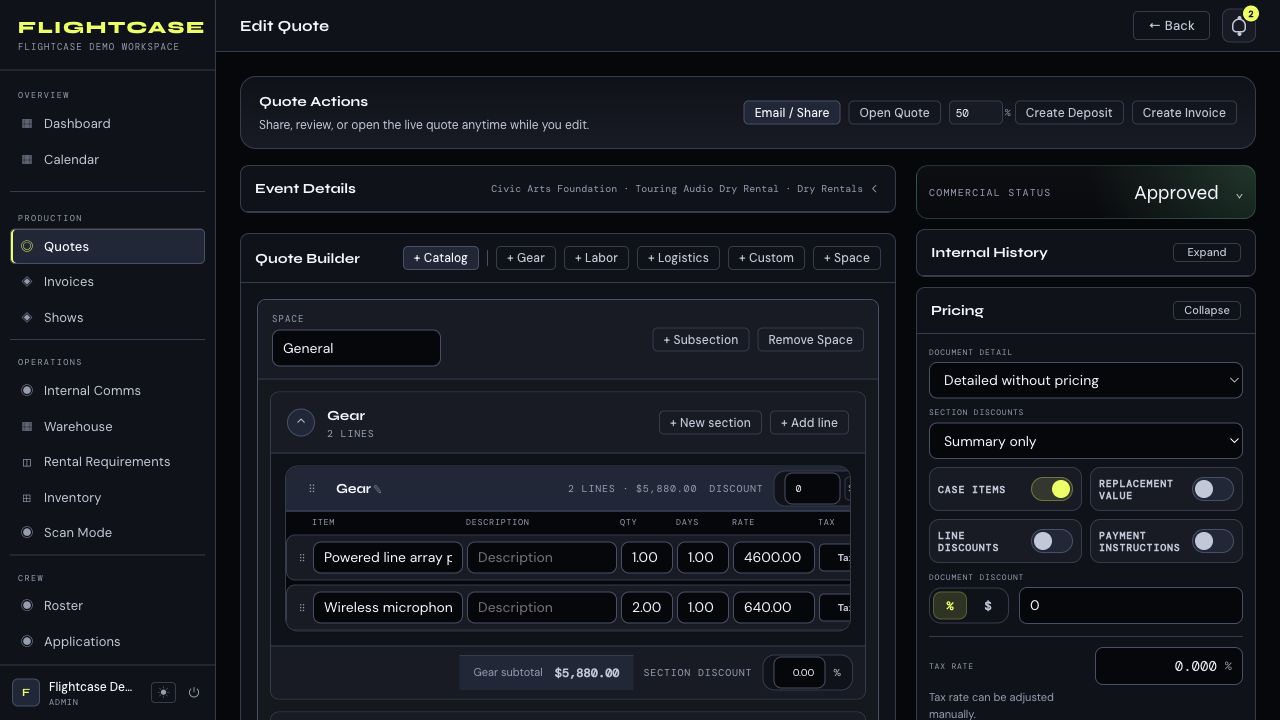 Flightcase quote builder with equipment, logistics, client details, and totals.