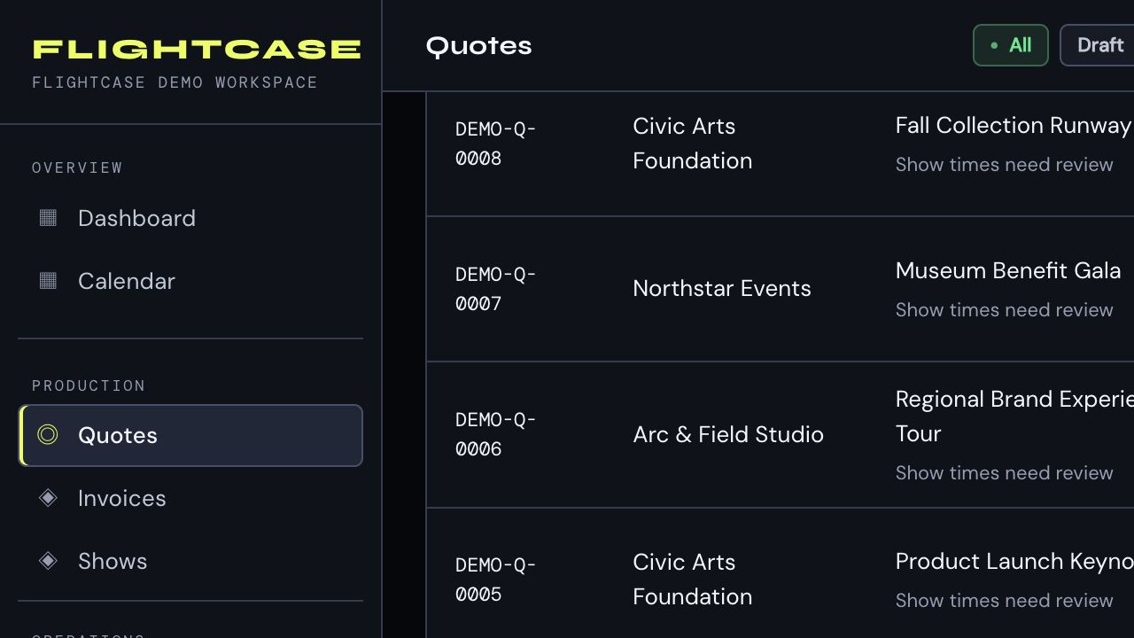 Flightcase quote list with several event and rental categories and statuses.