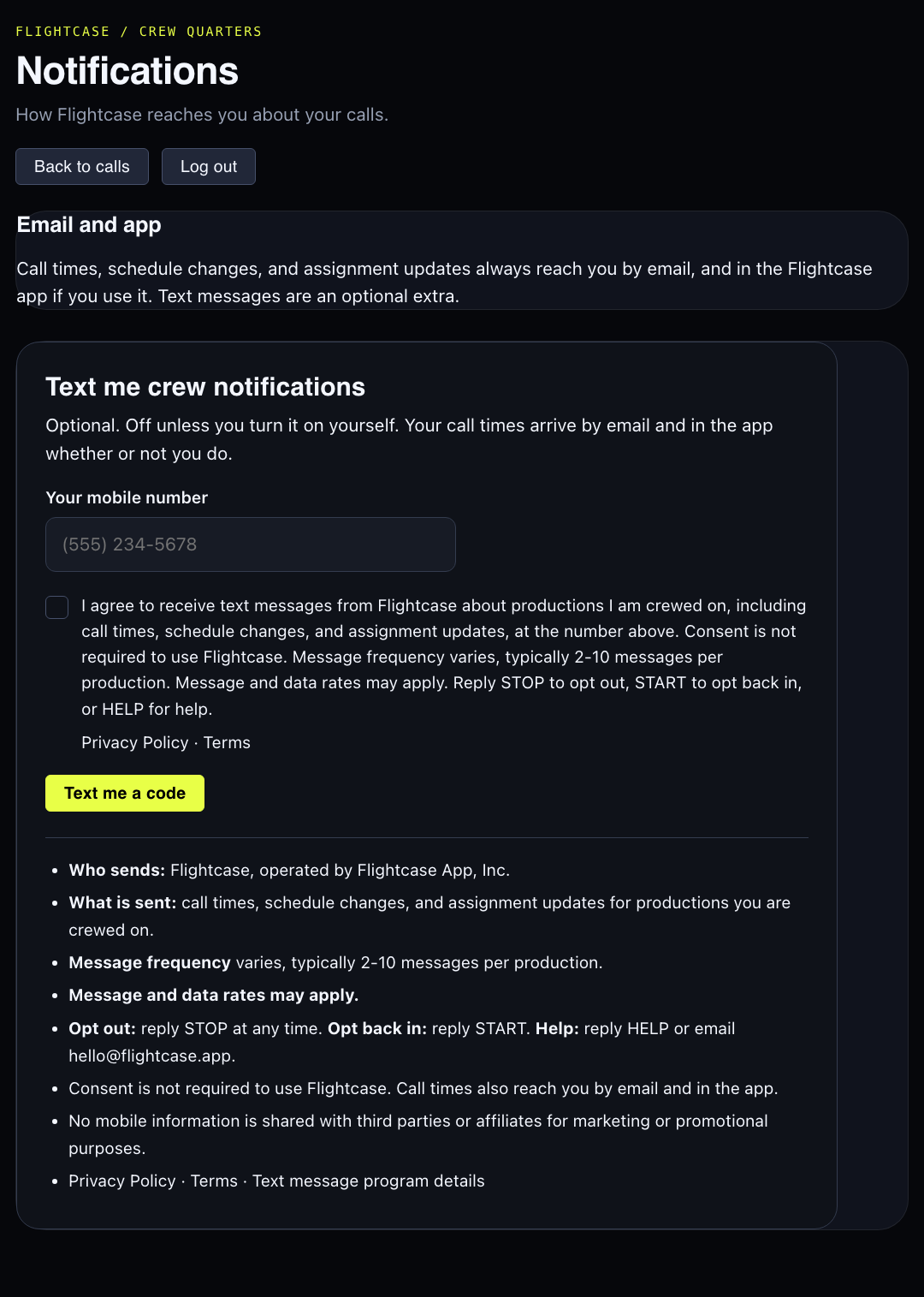 The “Text me crew notifications” setting in Crew Quarters, showing a mobile number field, an unticked consent checkbox with the consent wording, and the program disclosures